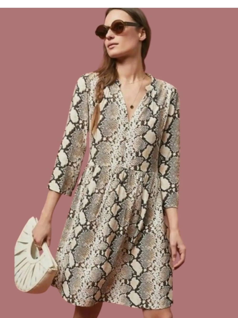 Maeve Anthropologie Womens Dress Tan V Neck Python Snake Print Boho Tunic Size s